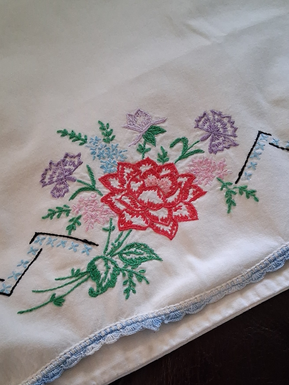 Hand Embroidered Floral Pillowcase